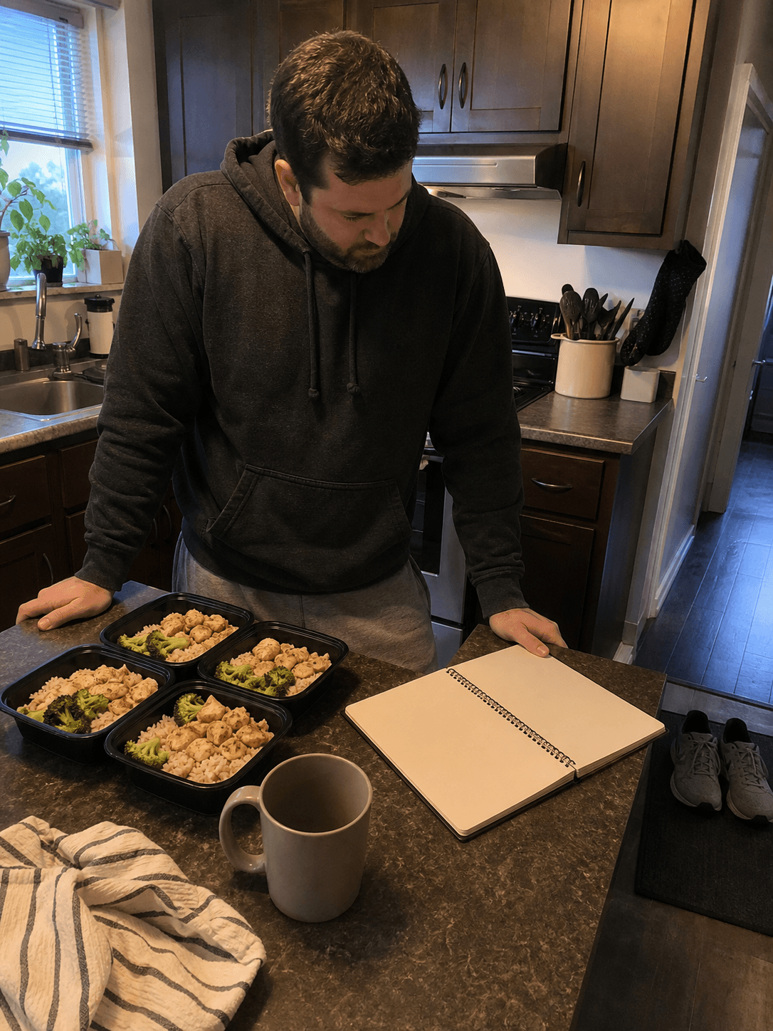 Adult reviewing a blank notebook beside simple meal prep in a small kitchen