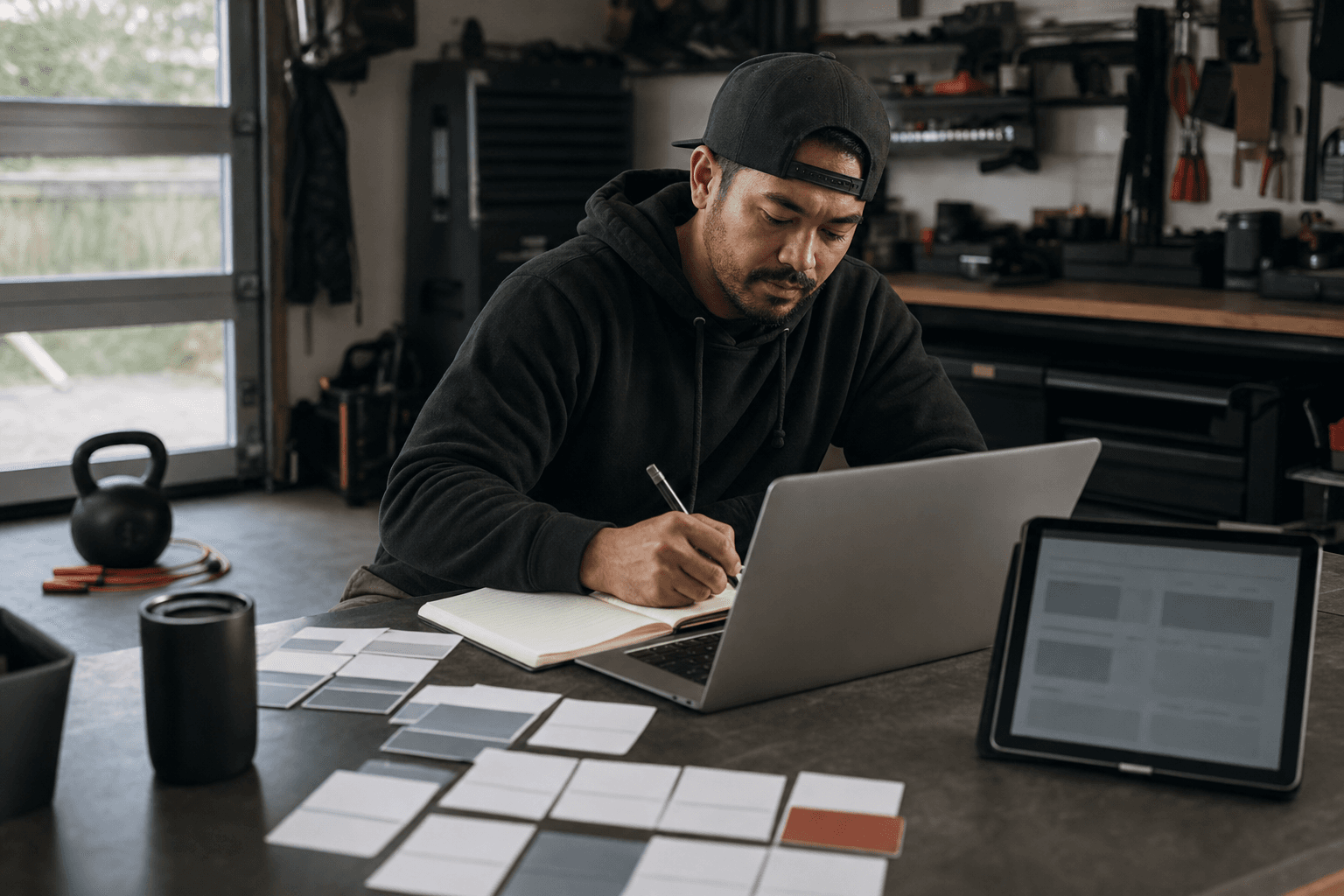 Owner planning the week at a garage workbench with training gear nearby