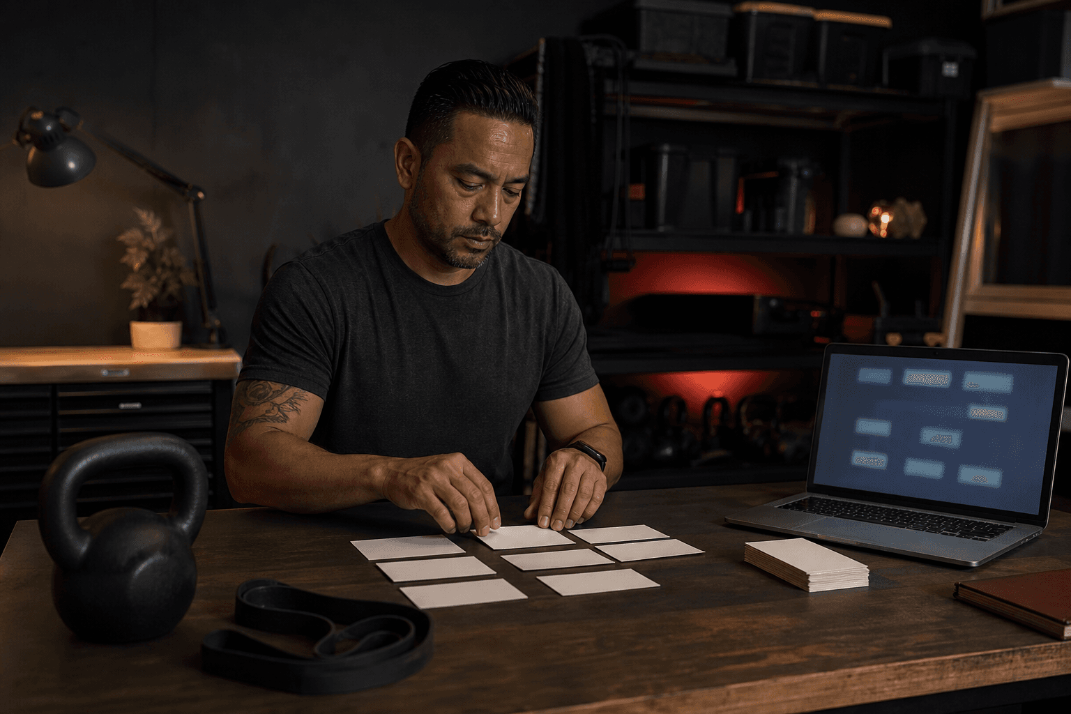 Owner arranging workflow cards at a garage workbench with training gear nearby