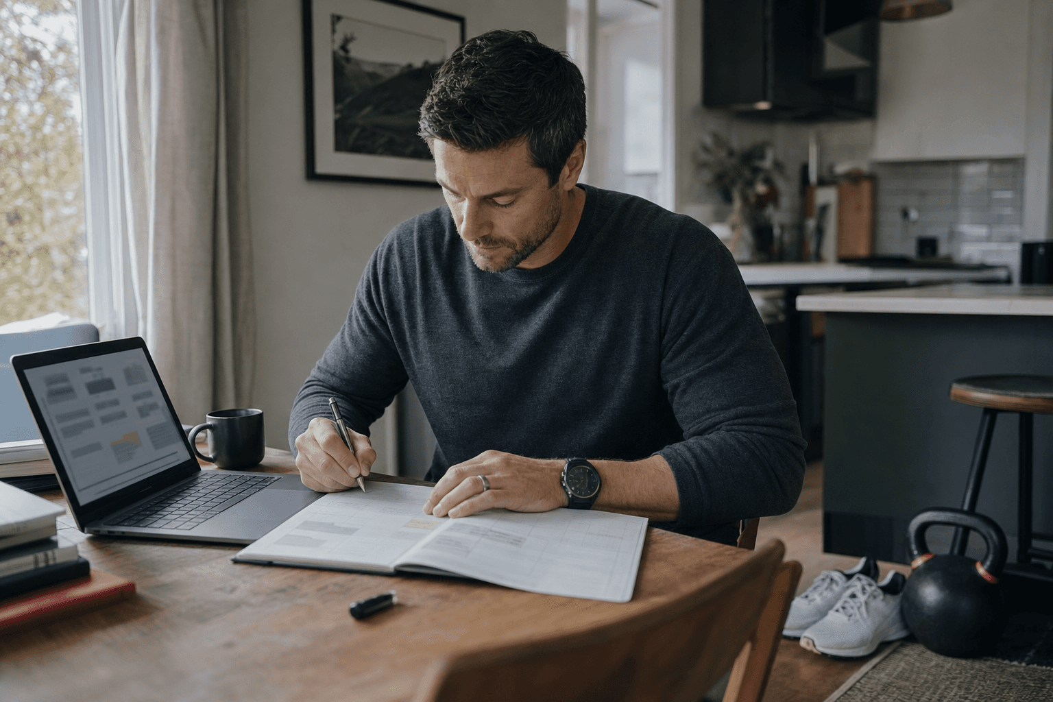 Founder planning the week with training gear nearby