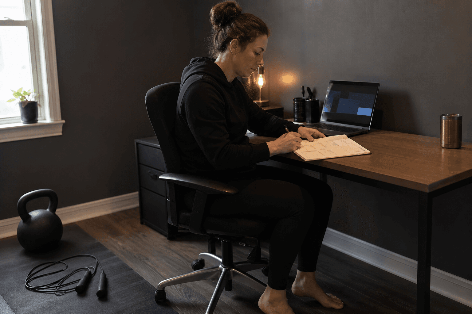 Owner planning the week in a home office with training gear nearby