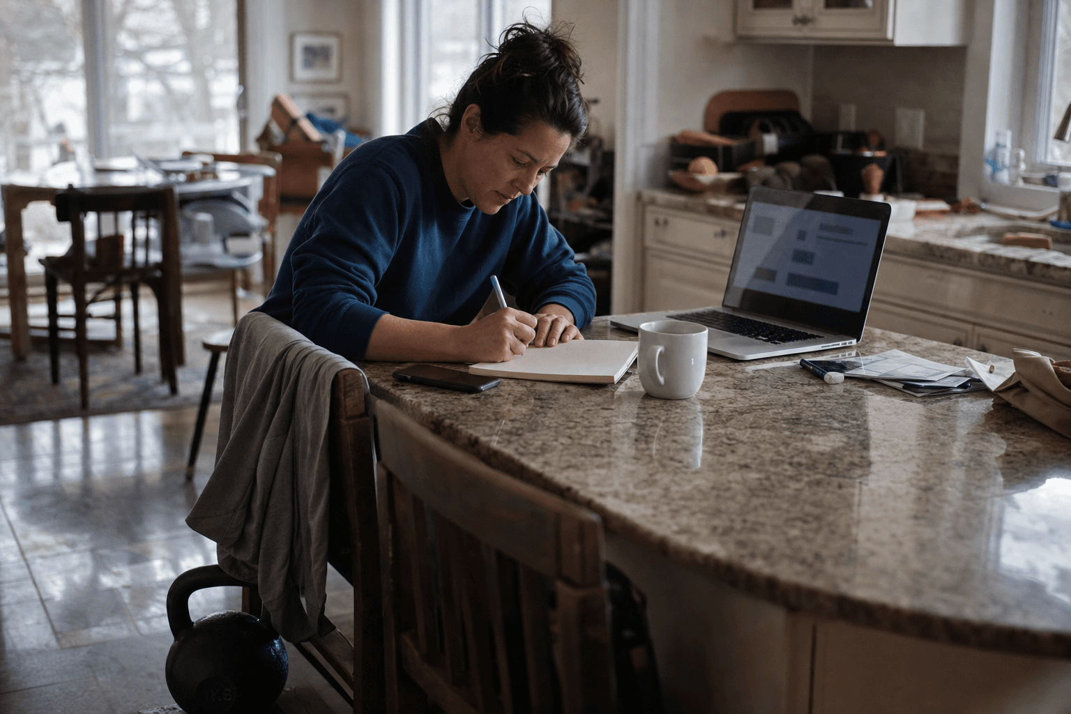 Operator planning the week at a lived-in kitchen island with training gear nearby